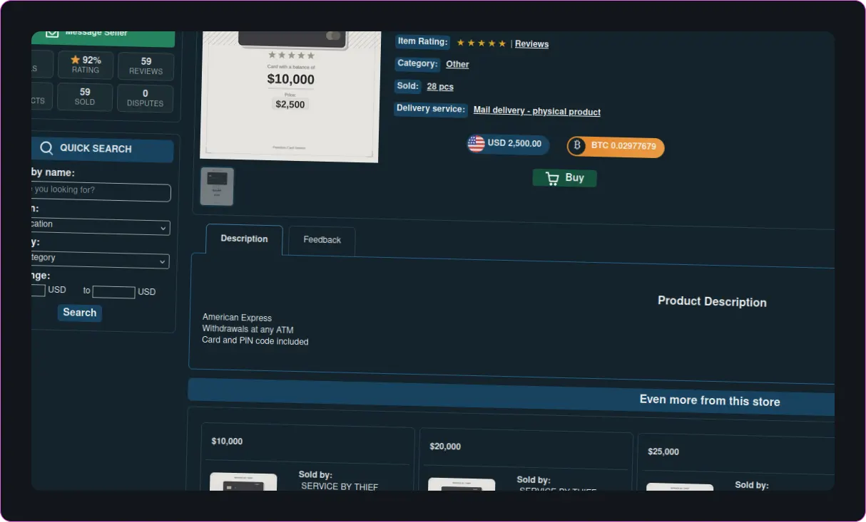 Darknet marketplace interface offering cloned card services