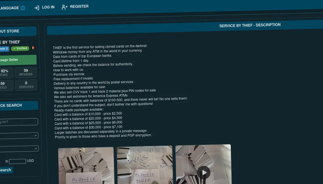 Cloned debit card sales interface on underground marketplace
